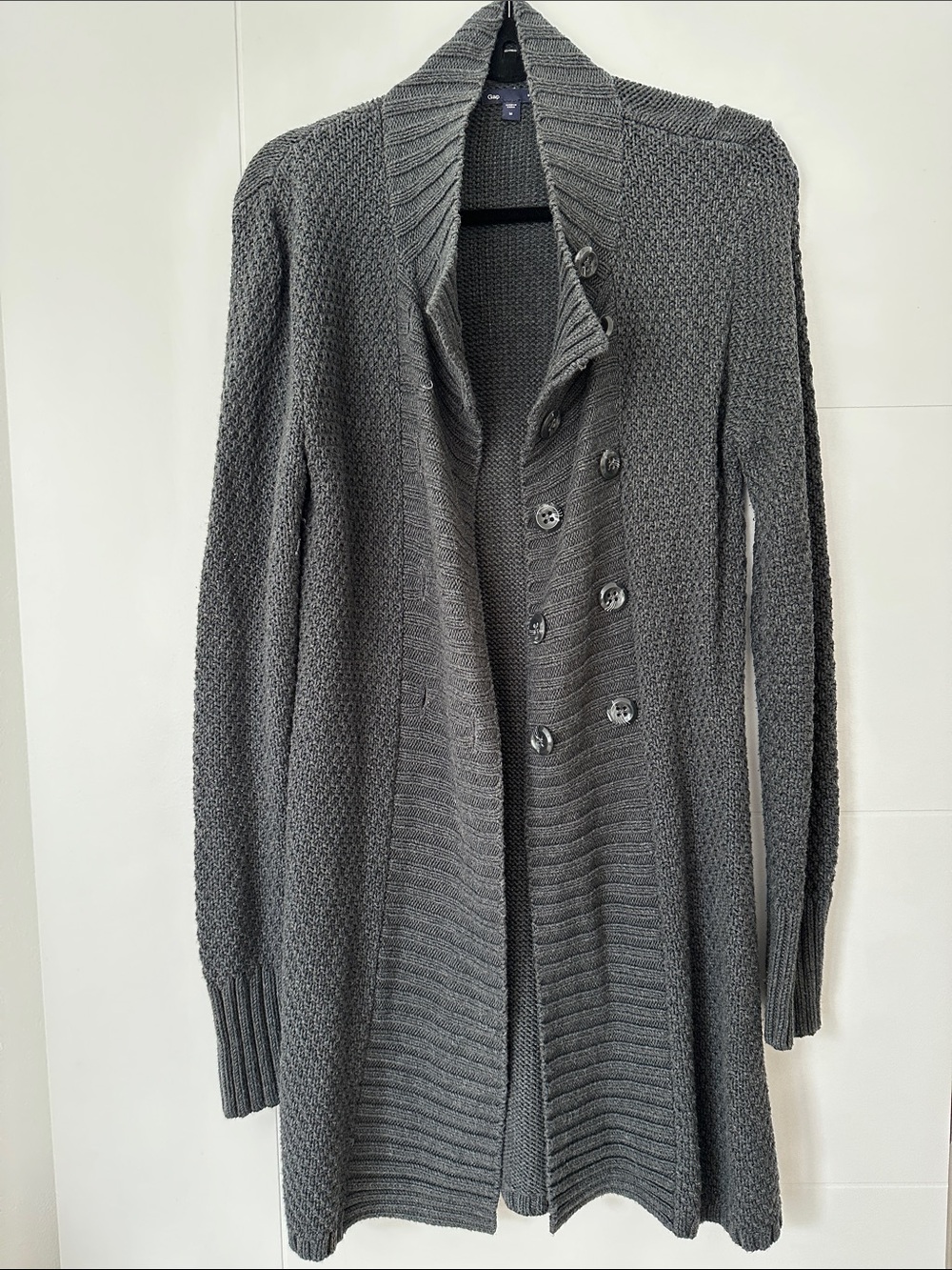 GAP Long Gray Shawl Collar Double-Breasted Knit Cardigan